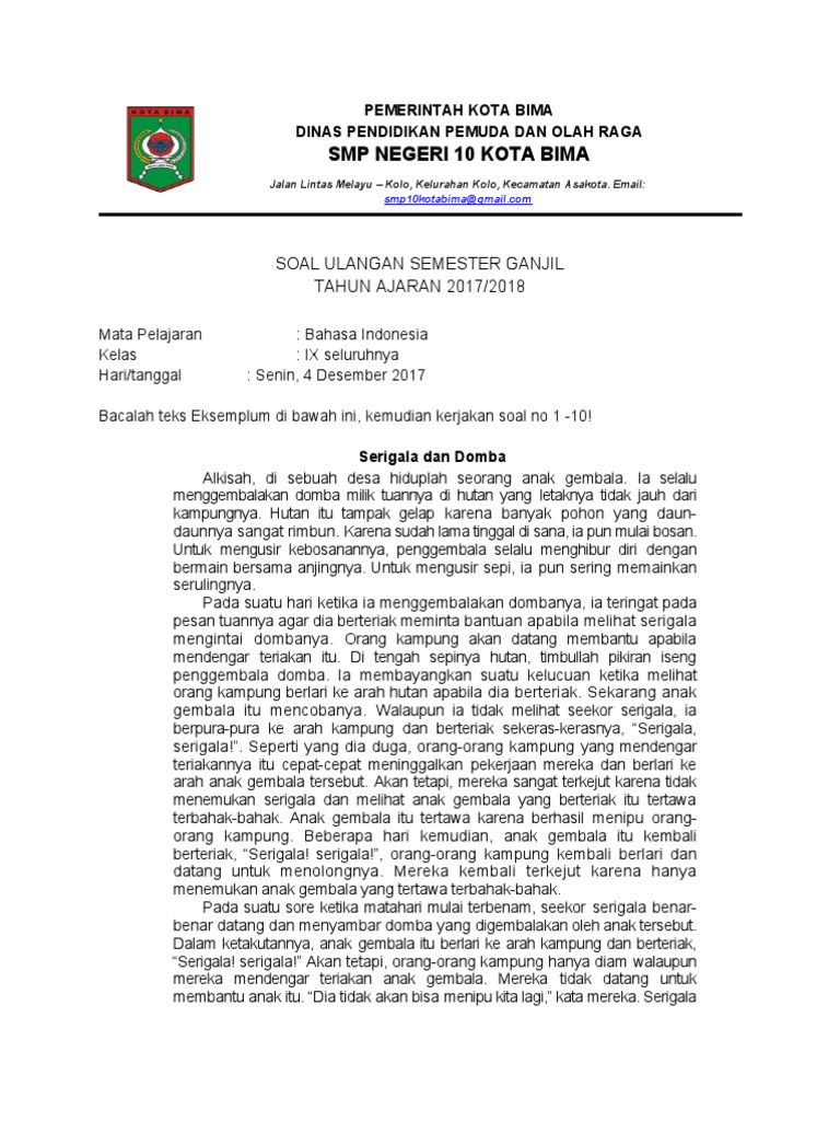 Soal Semester Ganjil Bahasa Indonesia K13 Kelas Ix