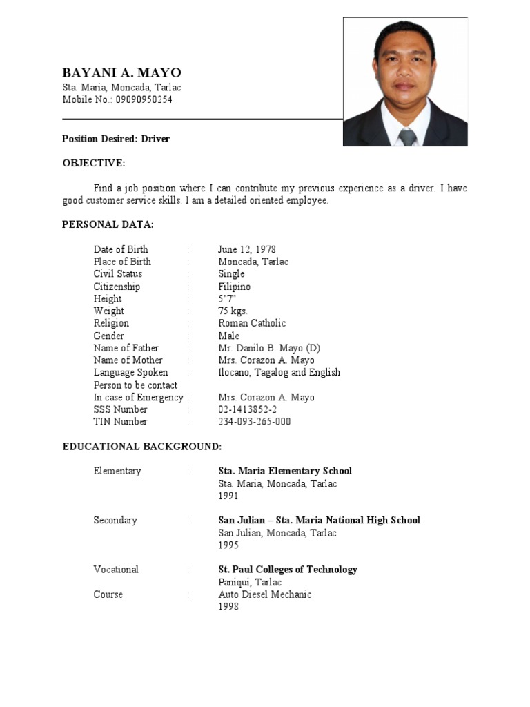 Bayani A. Mayo Position Desired Driver Objective PDF Philippines