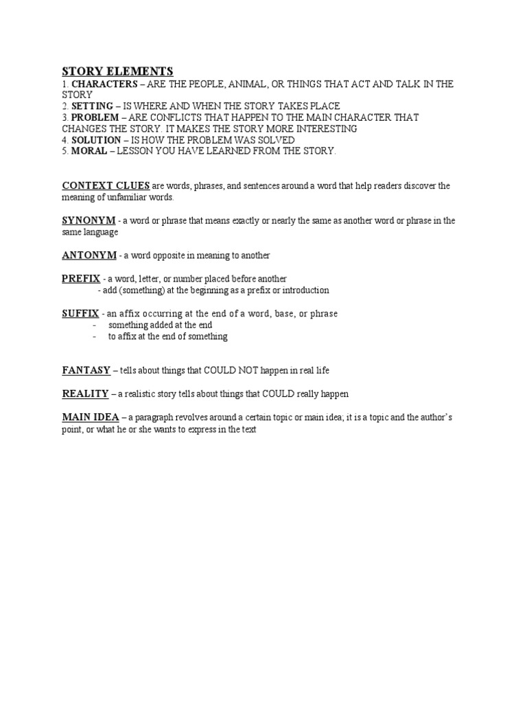 Story Elements Context Clues Synonym Antonym Prefix Suffix PDF