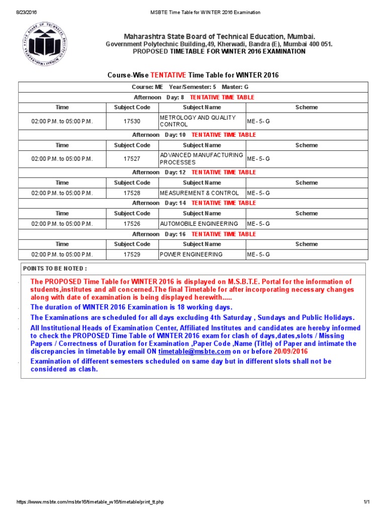 MSBTE Time Table For WINTER 2016 Examination PDF Academic Term Learning