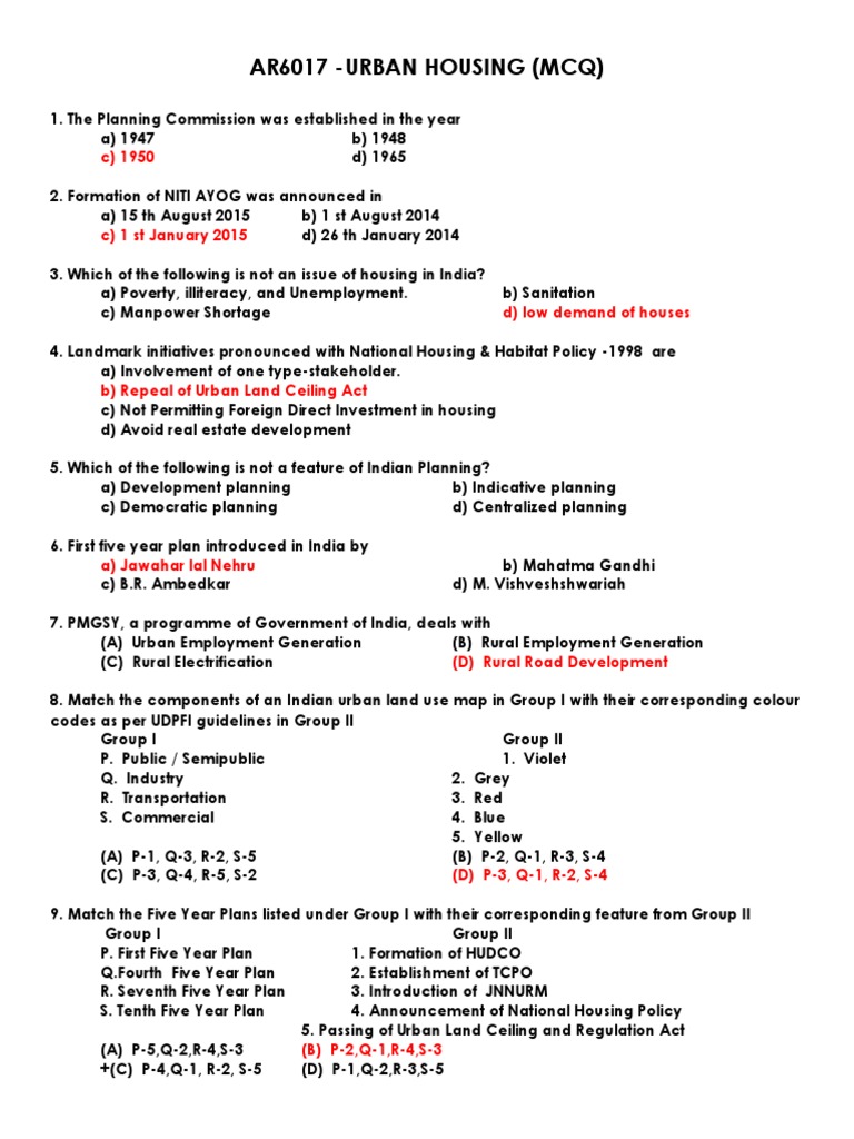 Urban Housing Mcq Part Ii Pdf Reuse Slum