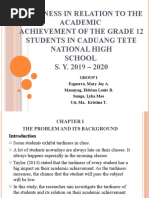 Tardiness in Relation To The Academic Achievement of The Grade 12 Students in Caduang Tete National High School S. Y. 2019 - 2020