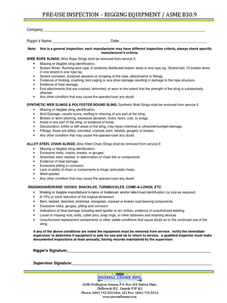 Pre-Use Inspection - Rigging Equipment / Asme B30.9: Company: Rigger's ...