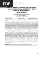 Critical Thinking Skills Among Senior High School Students and Its Effect in Their Academic Performance