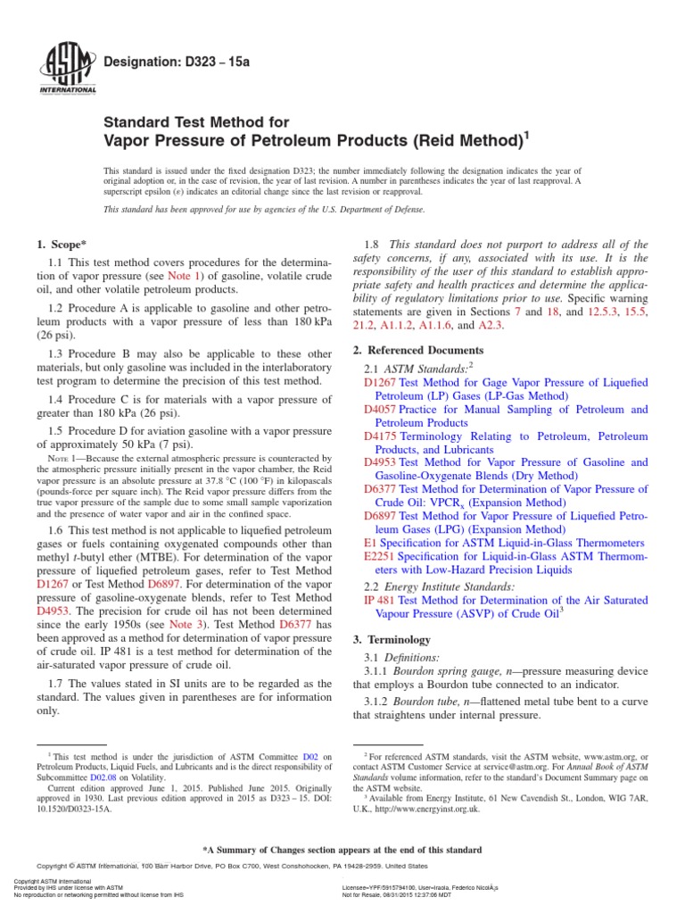 ASTM D323 - 15a TVR | PDF | Pressure | Pressure Measurement