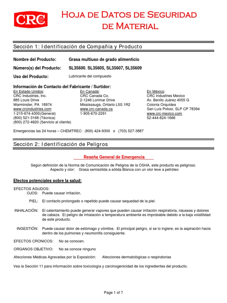 MSDS MultiPurpose Food Grade Grease PDF Petróleo Agua