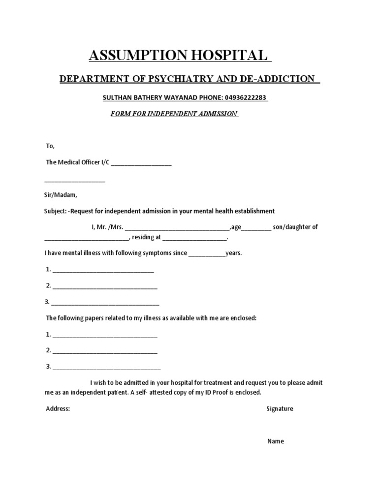 Mental Health Admission Forms | PDF | Psychiatry | Patient