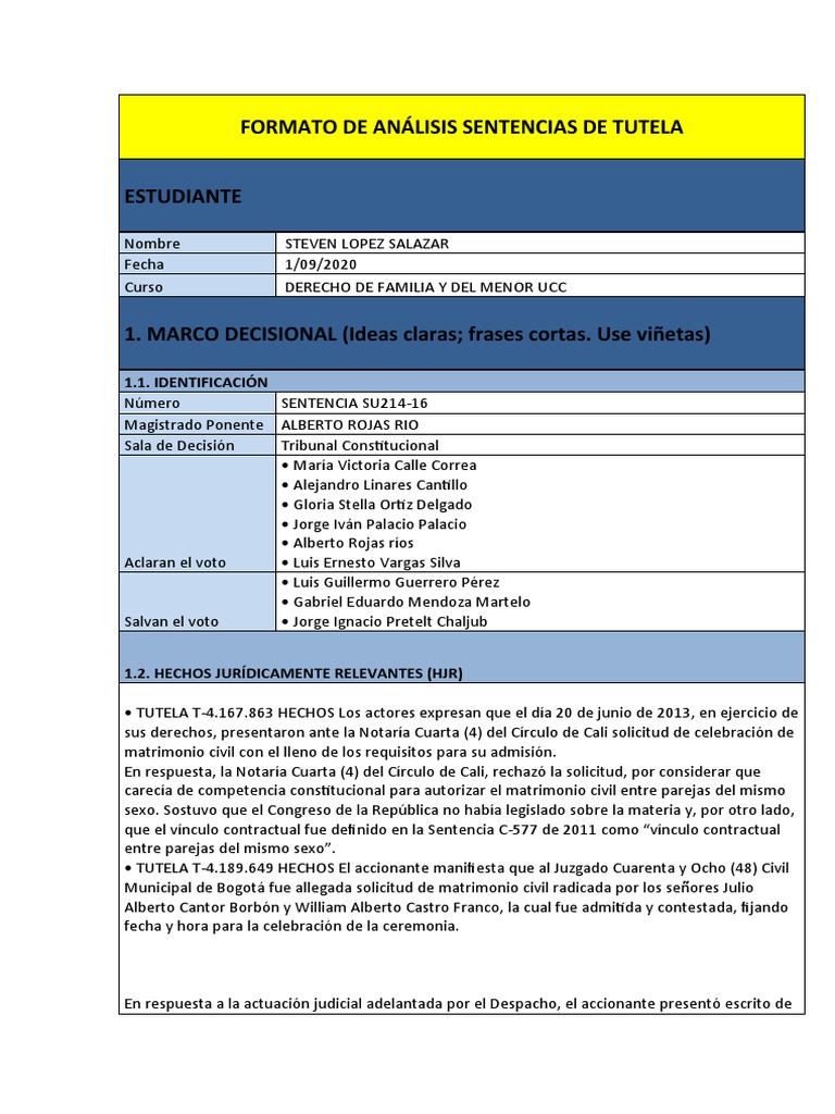 Analisis de Sentencia SU 214 DEL 2016 | PDF | Matrimonio | Dignidad
