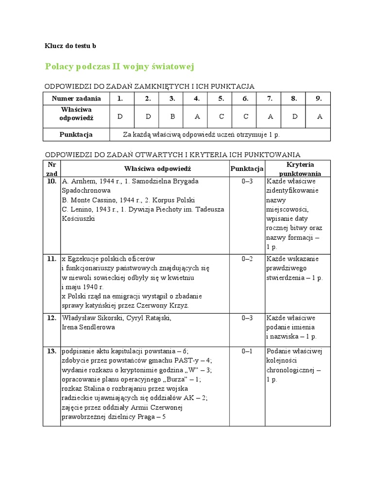 Polacy Podczas 2 Wojny światowej Sprawdzian