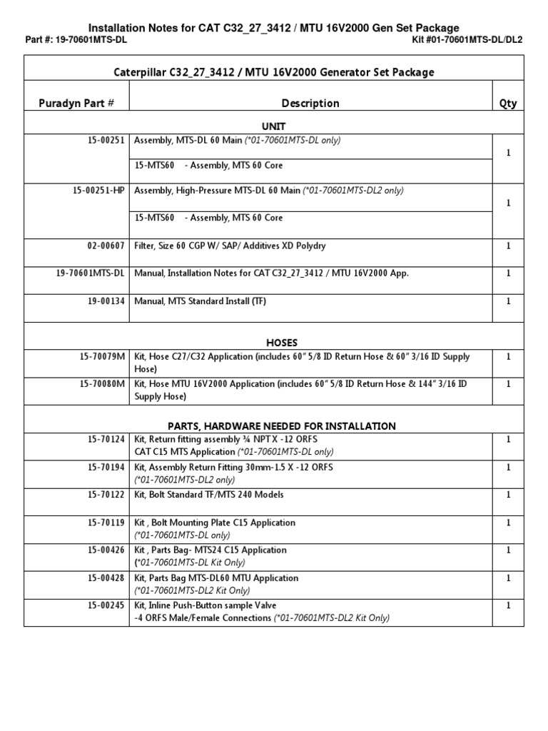 Installation Notes For CAT C32 27 3412 / MTU 16V2000 Gen Set