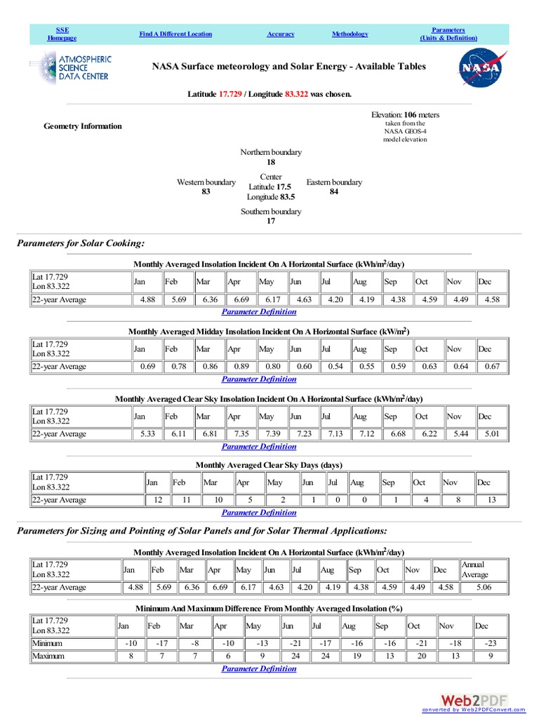 NASA Surface Meteorology and Solar Energy - Available Tables PDF | PDF ...