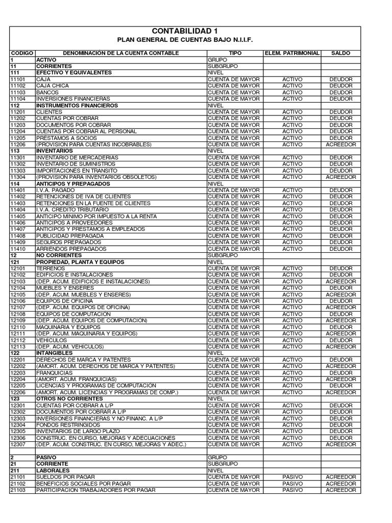 Plan de Cuentas Bajo NIIF | PDF | Responsabilidad (contabilidad ...