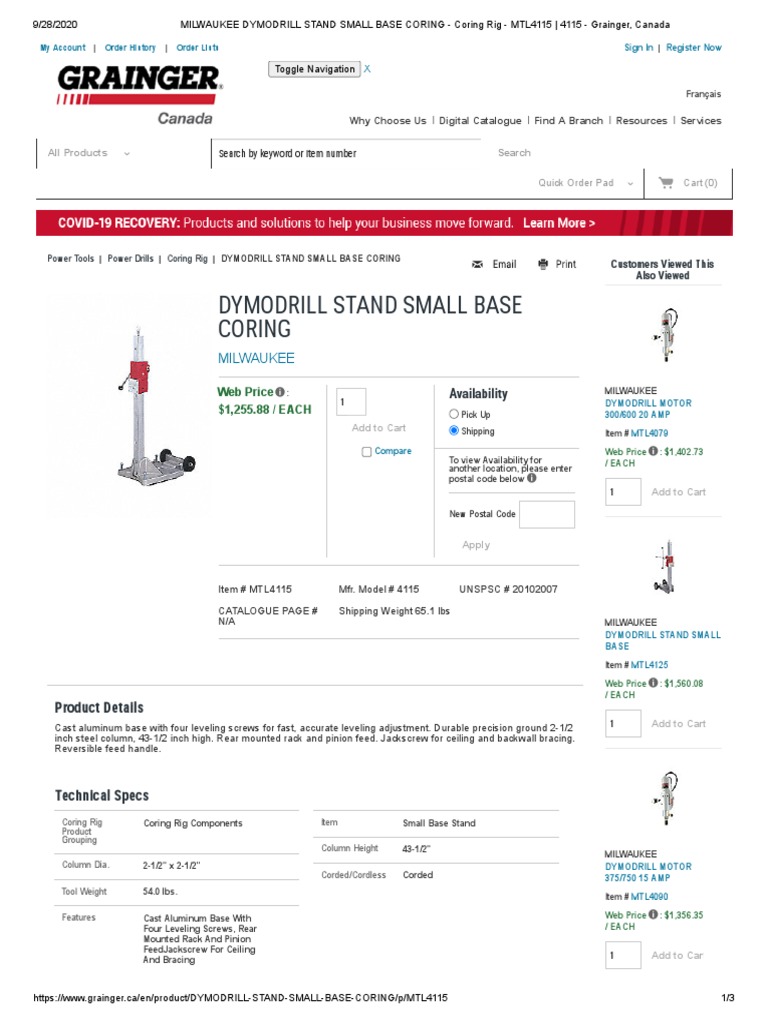 MILWAUKEE DYMODRILL STAND SMALL BASE CORING - Coring Rig - MTL4115 ...