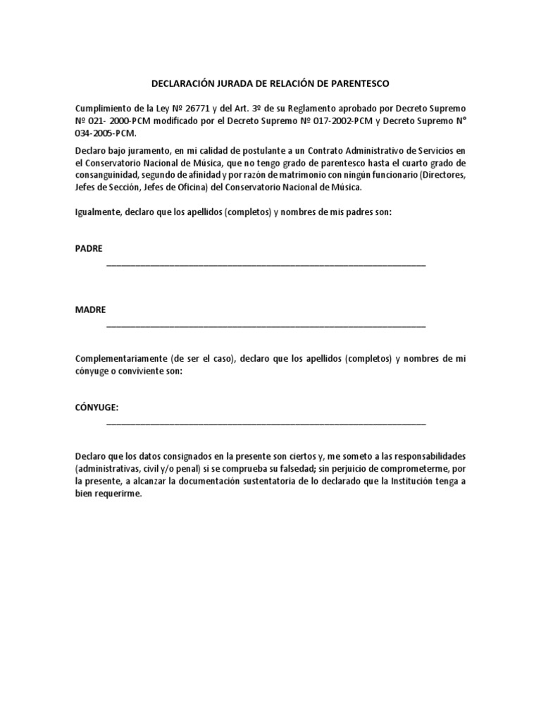 Declaración Jurada de Parentesco | PDF | Parentesco | Justicia