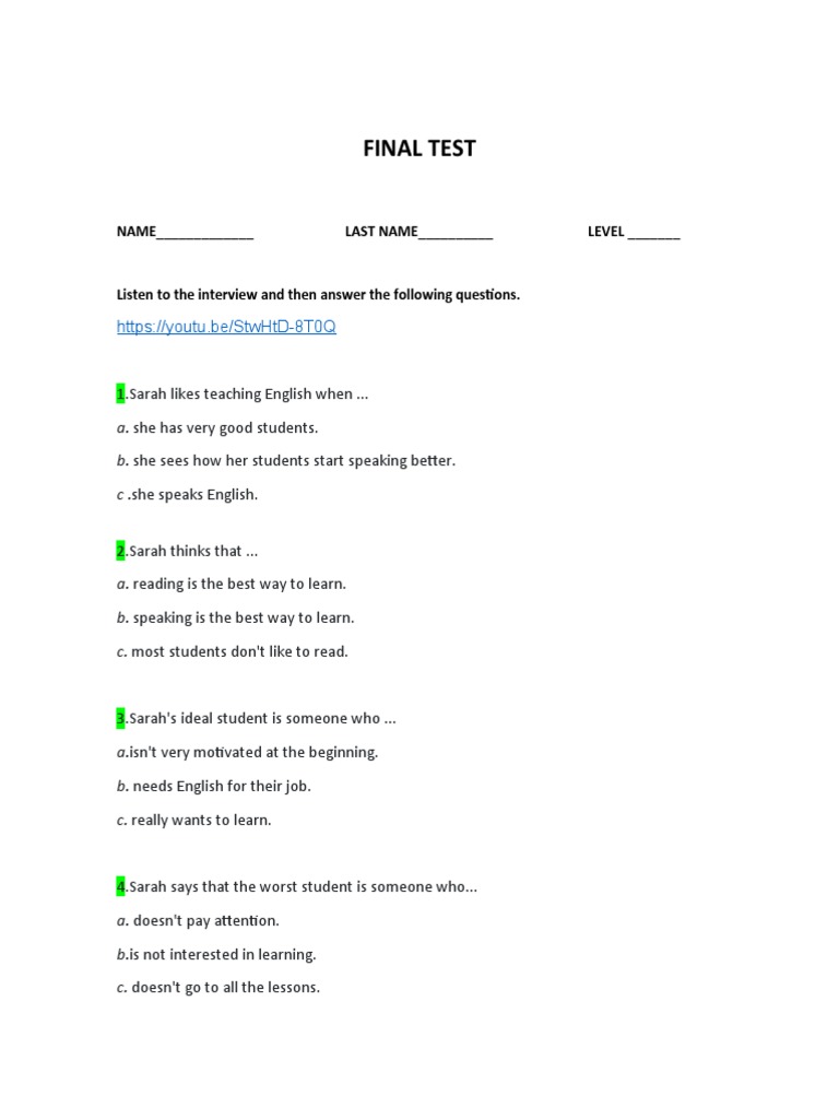 Sem 1 Final Reading And Listening Comprehension A