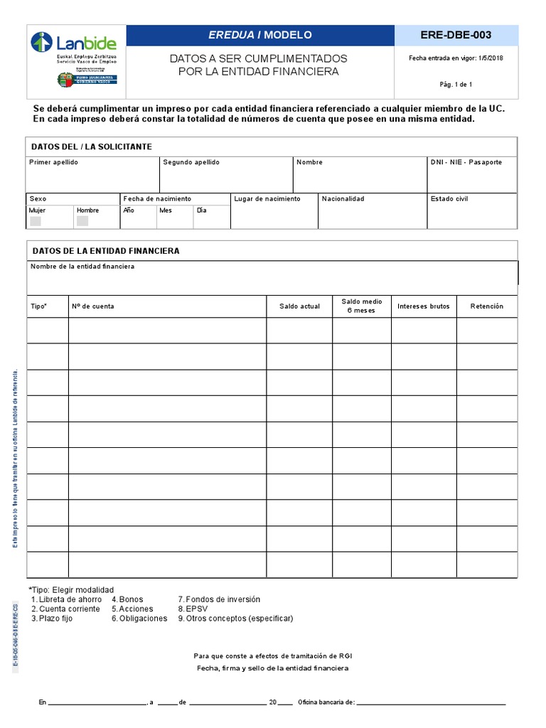 Modelo ERE-DBE-003 para Entidades Financieras | PDF | Bancos ...