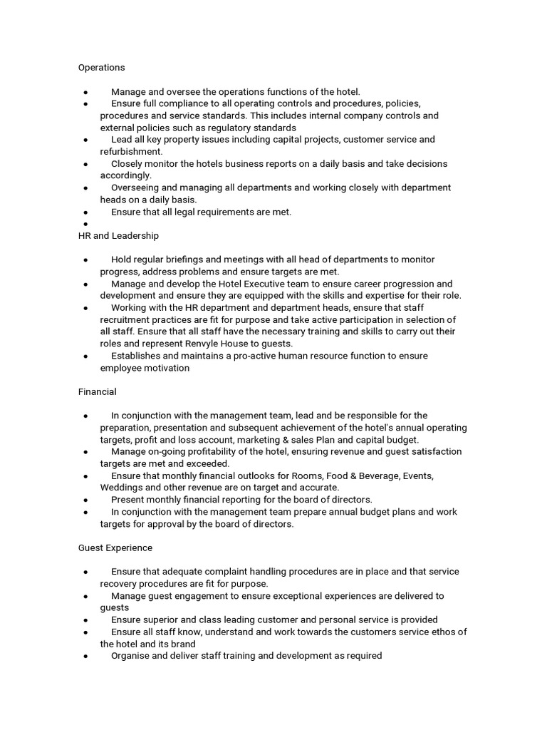 Hotel Manager Duties PDF Hotel Budget