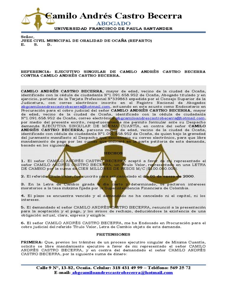 Formato Demanda Ejecutiva Singular Letra de Cambio - para Reparto | PDF |  Pagaré | Gobierno