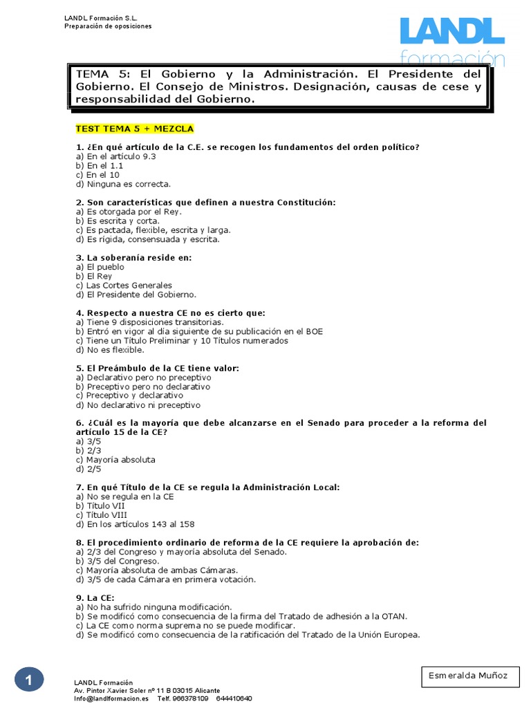 Test sobre Gobierno y Administración | PDF | Gobierno de españa ...