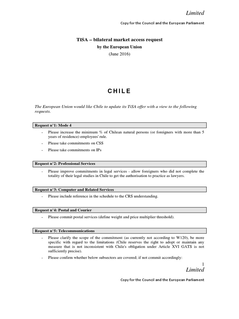 Chile: Tisa - Bilateral Market Access Request | PDF | Market Access ...