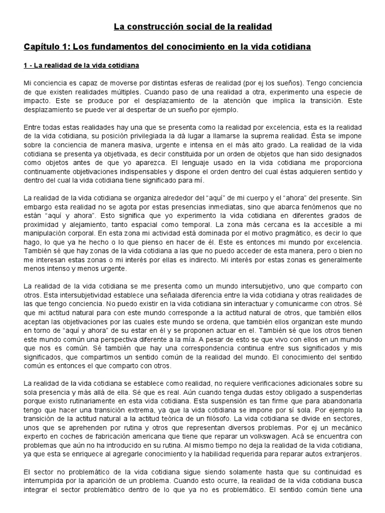 La Construcción Social de La Realidad Resúmen | PDF | Realidad ...