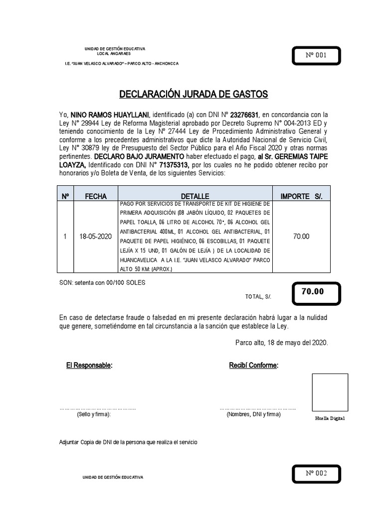 Modelo de Declaracion Jurada Firmada Por El Que Presta El Servicio y El ...