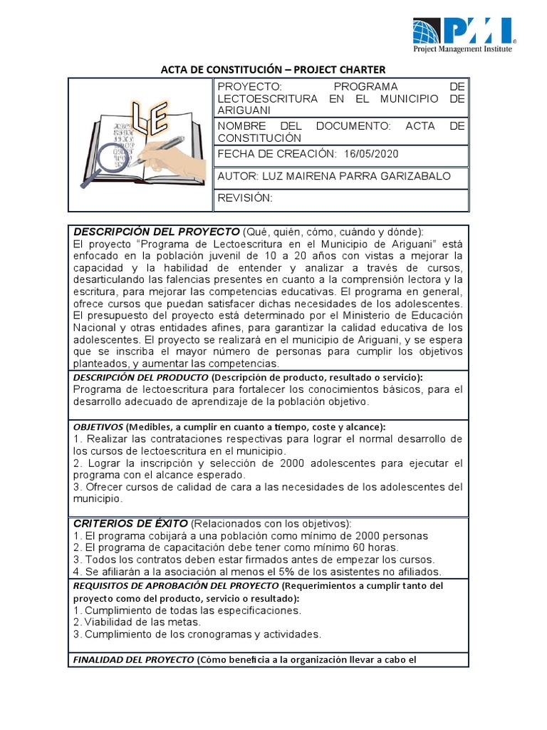 Formato Acta de Constitucion Del Proyecto | PDF | Educación avanzada ...