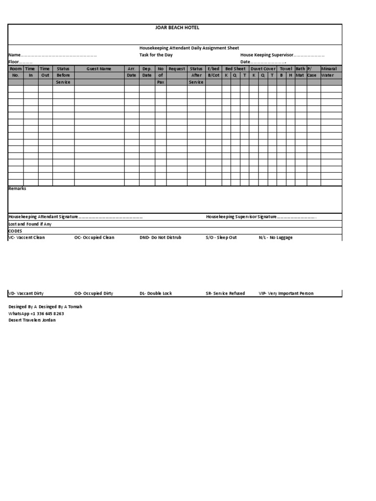 Housekeeping Daily Assignment Sheet | PDF