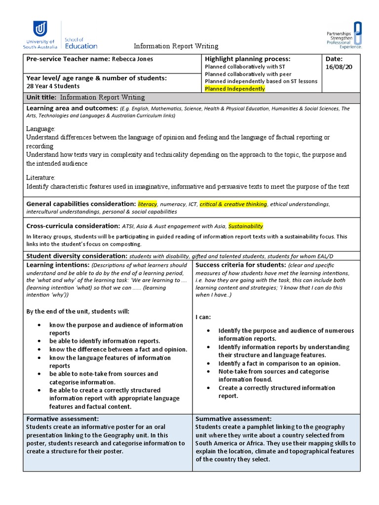 Year 4 Information Report Unit Plan | PDF | Classroom | Educational ...