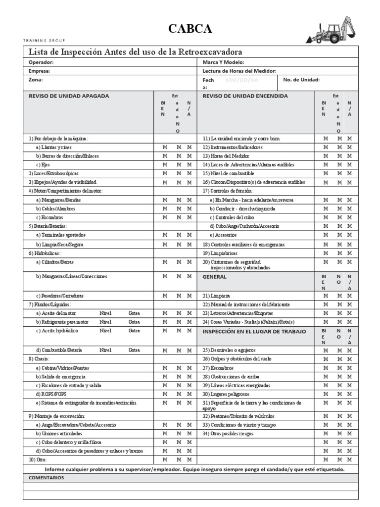 Check List Retro Escabadora | PDF | Vehículo de motor | Transporte