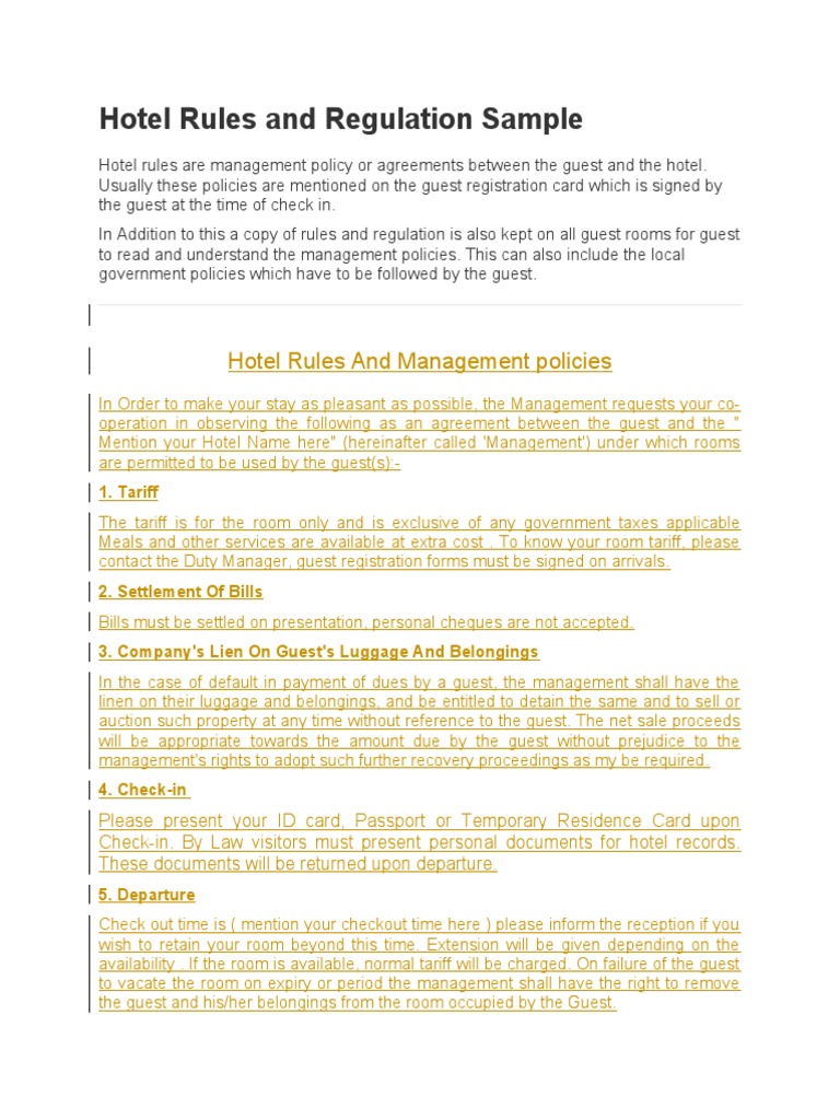 Hotel Rules and Regulation Sample | PDF | Common Law | Social Institutions