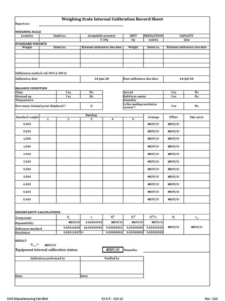 Weighing Scale Calibration Record | PDF | Weighing Scale | Calibration