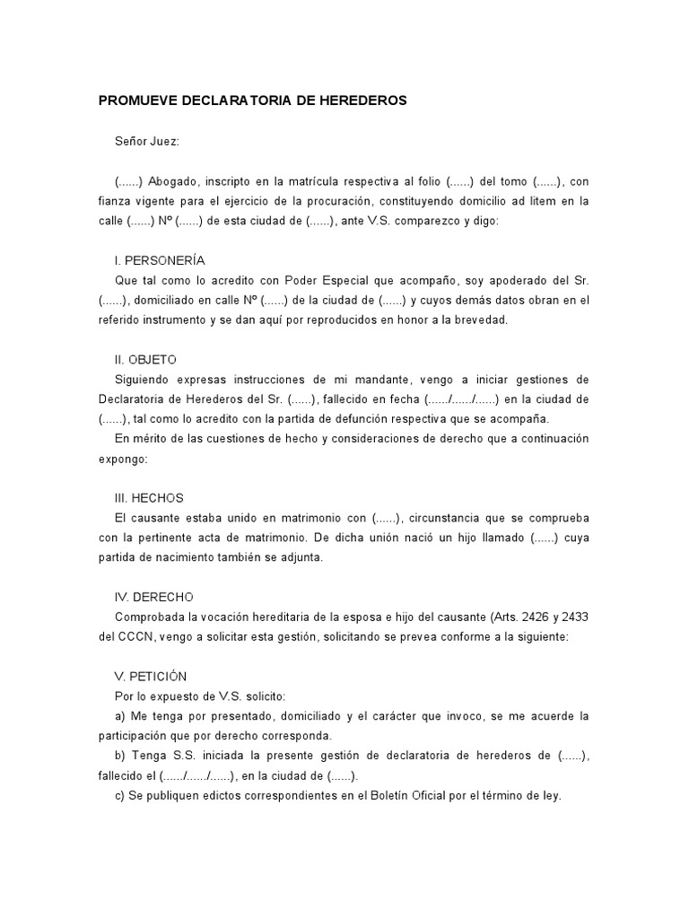 Promueve Declaratoria de Herederos. Modelo | PDF | Virtud | Información del  gobierno
