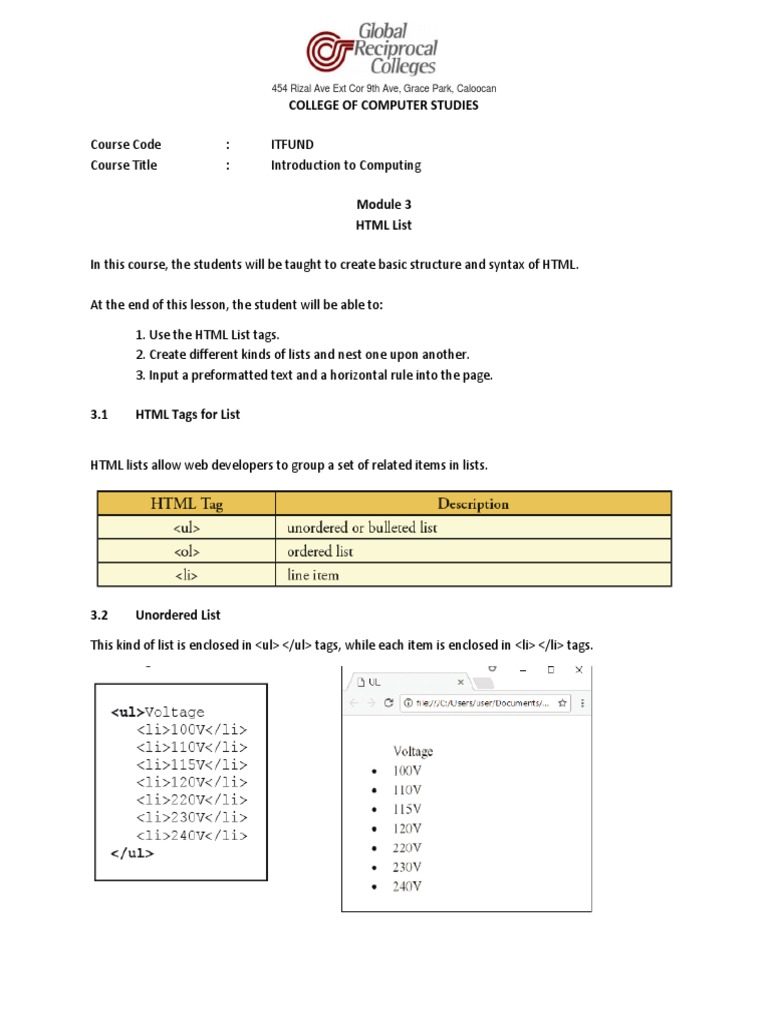 HTML Lists in Computing Course | PDF | Html Element | Html