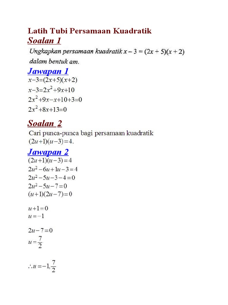 Latih Tubi Persamaan Kuadratik Pdf
