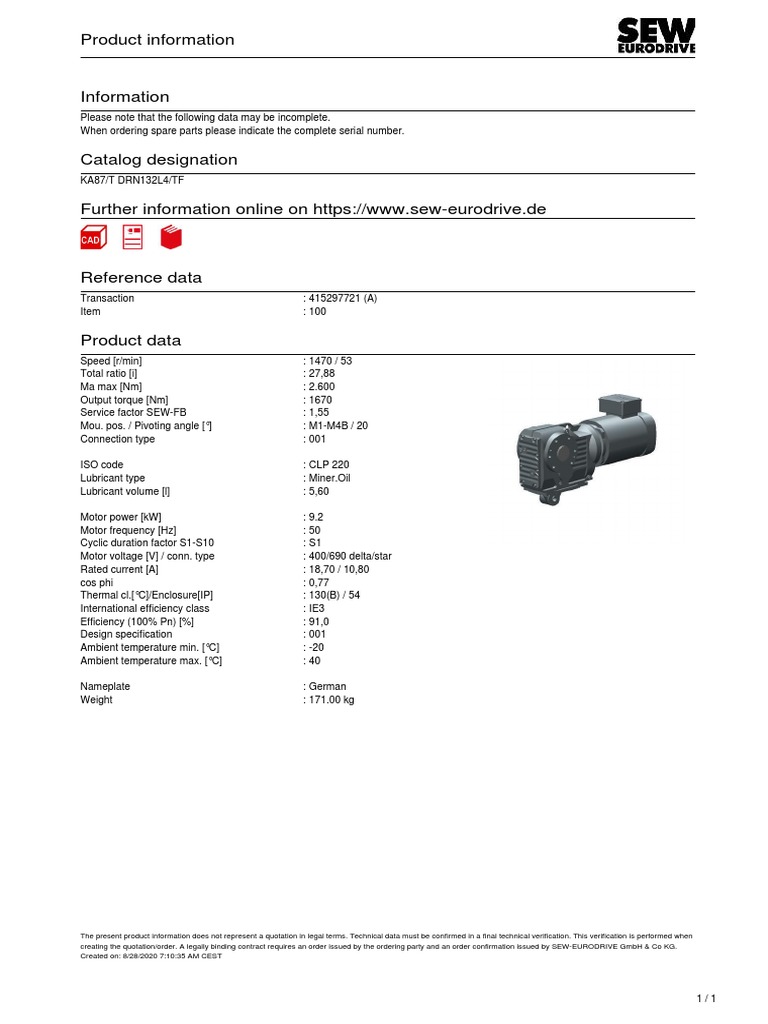 SEW Eurodrive KA87/T Product Data | PDF | Electricity | Electromagnetism