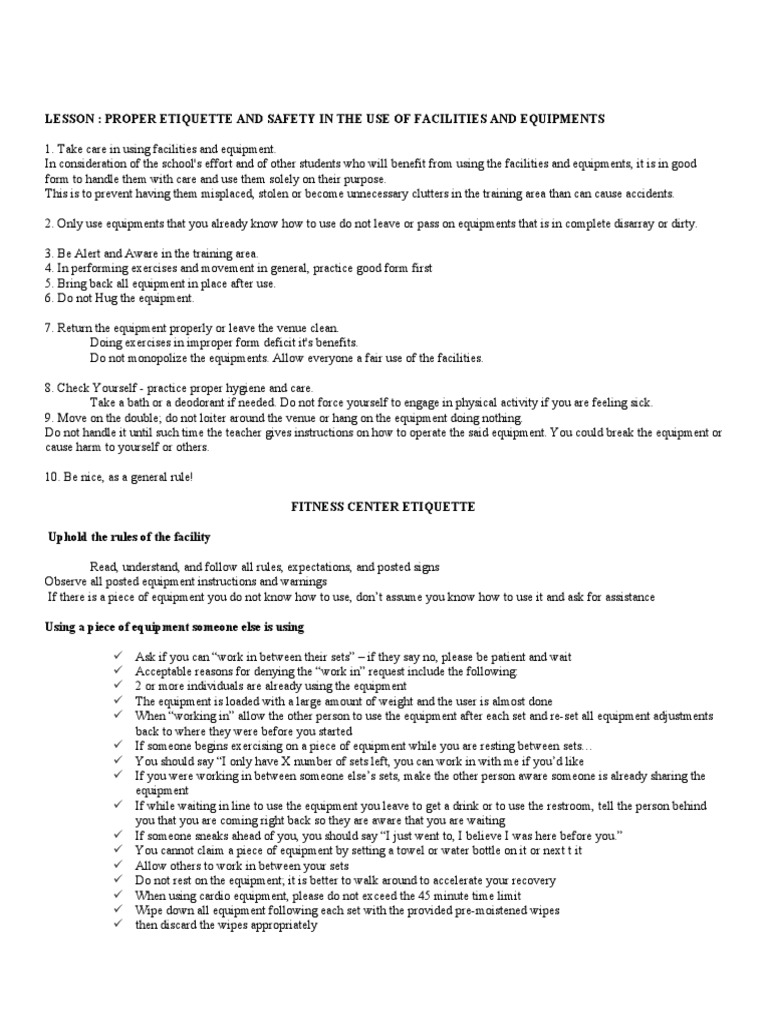 Lesson Proper Etiquette and Safety in The Use of Facilities and