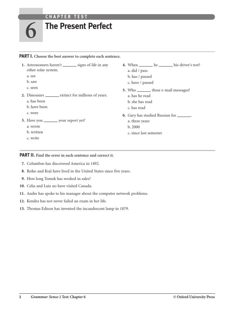 The Present Perfect: Chapter Test | PDF | Language Arts & Discipline ...