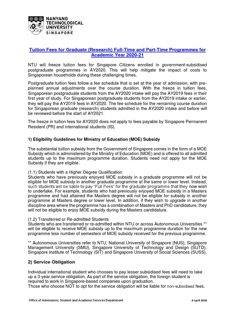 Tuition Fees for Graduate Students at Nanyang Technological University ...
