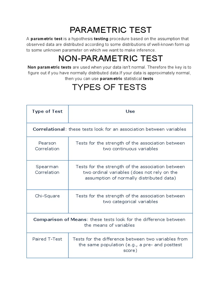 Parametric vs Non-Parametric Tests | PDF | Student's T Test ...