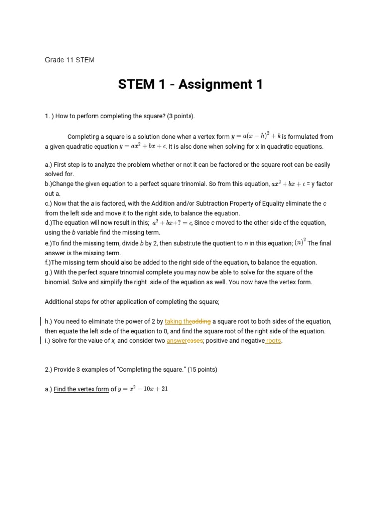 STEM 1 Assignment 1.odt | PDF | Quadratic Equation | Equations