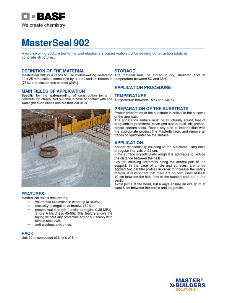 MasterSeal 902: Hydro-Swelling Waterstop | PDF | Concrete | Chemistry