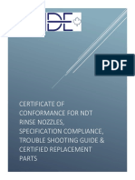 Certificate of Conformance For NDT Rinse Nozzles, Specification Compliance, Trouble Shooting Guide & Certified Replacement Parts