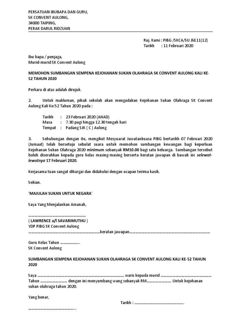 Contoh Surat Bantuan Ibubapa