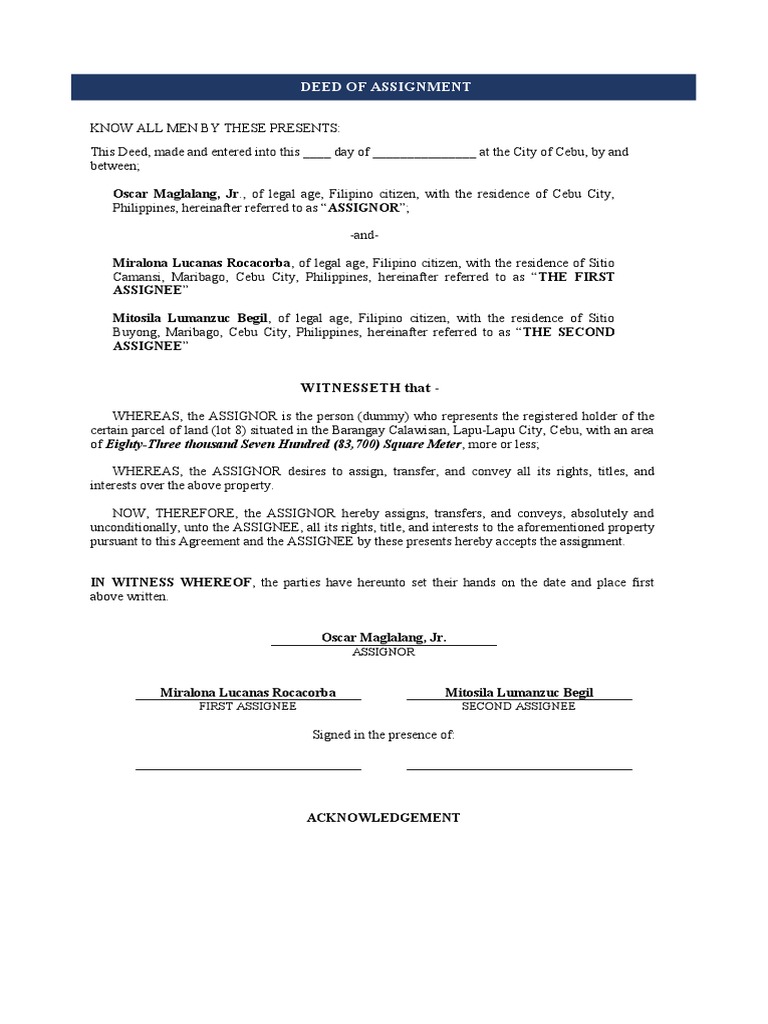 Deed of Assignment (Dummy) | PDF | Assignment (Law) | Property Law