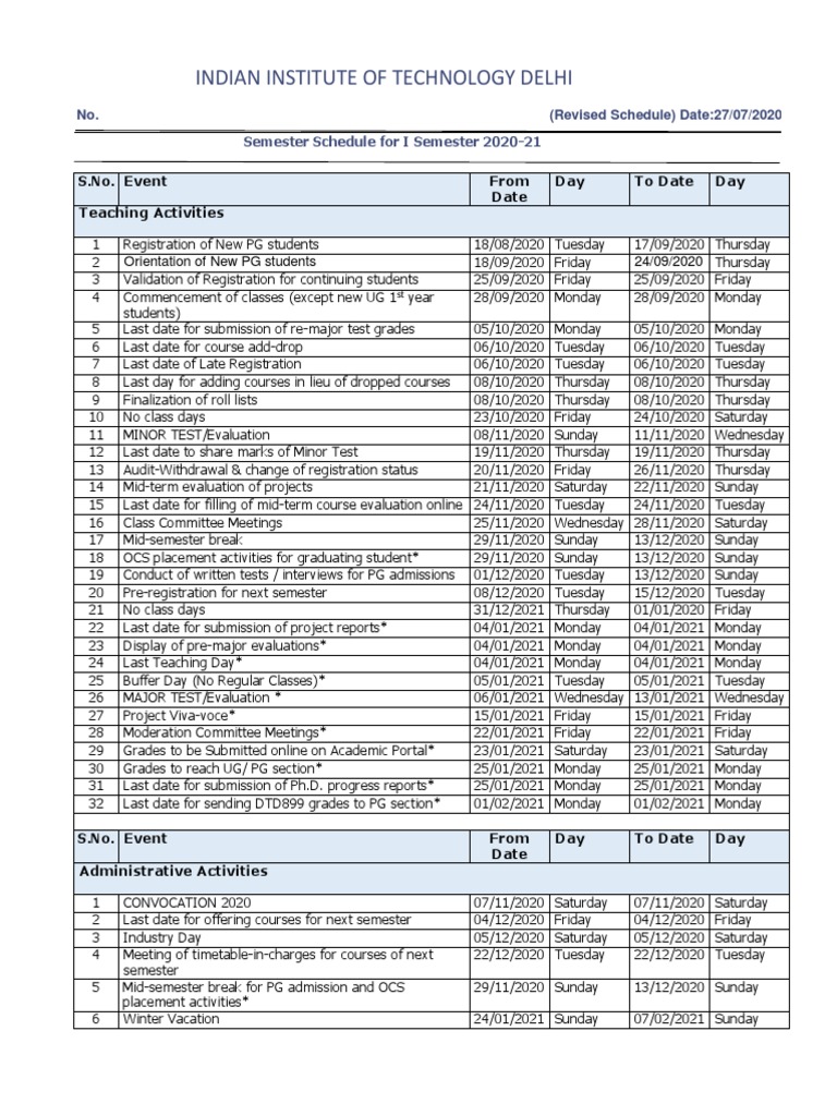 IIT Delhi Semester Schedule 2020-21 | PDF | Academic Term | Academia