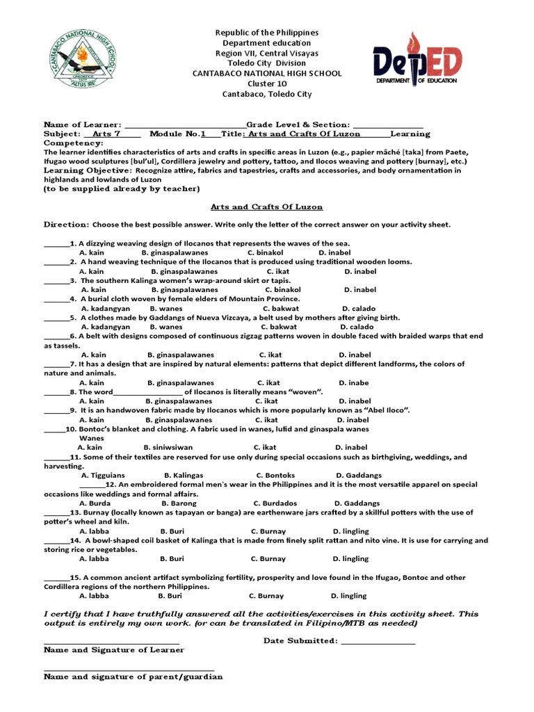 Activity Sheet In Arts7 Weaving Textiles