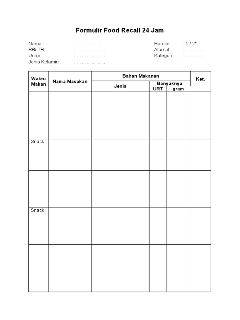 Formulir Food Recall 24 Jam | PDF