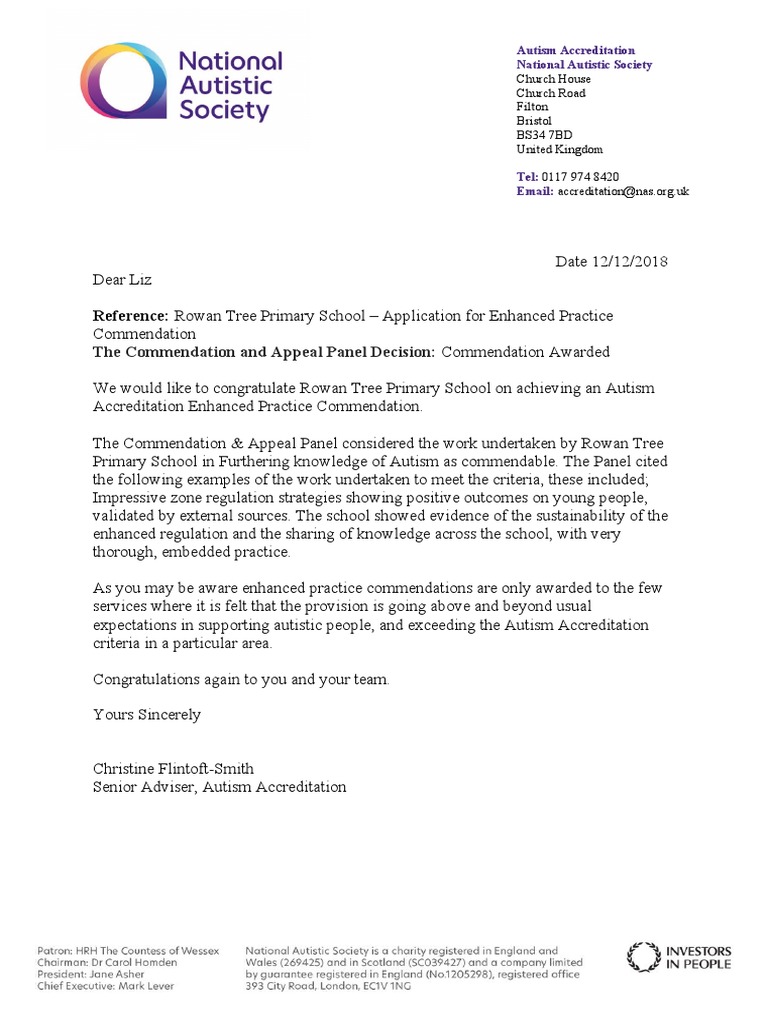 Autism Accreditation Rowan Tree Primary School Commendation Letter 2018 ...