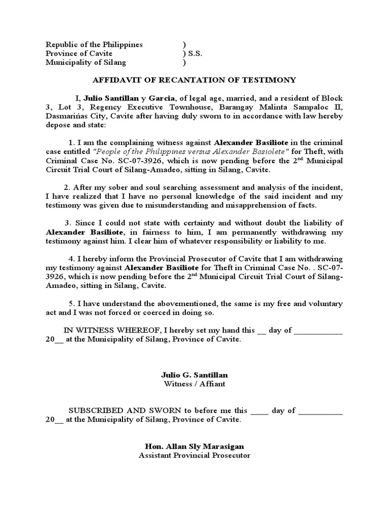 Affidavit of Recantation of Testimony PDF